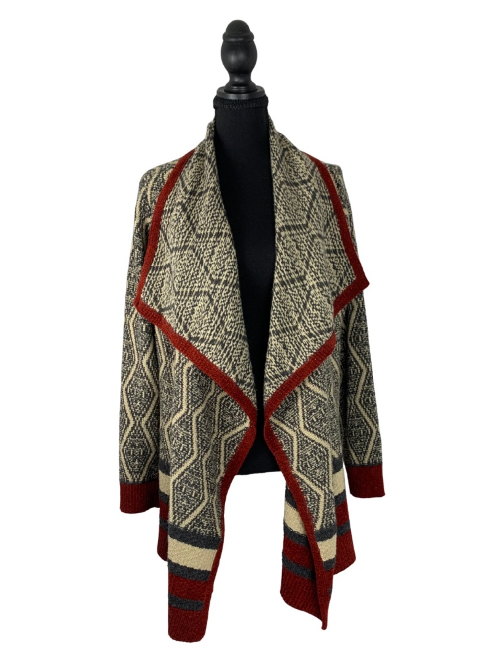 St. John's Bay Cream Black Rust Open Drape Geometric Cardigan L Boho Indie Fall